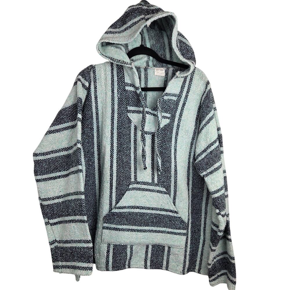 VEL-MEX Baja-style Blanket Pullover Hoodie, Men's XL, Aqua/White/Black Stripe